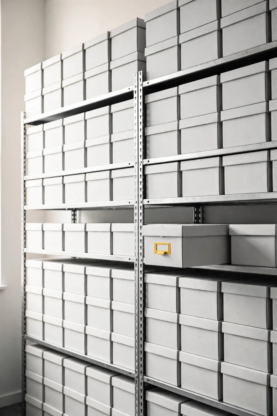 A wall of archive boxes on shelving
