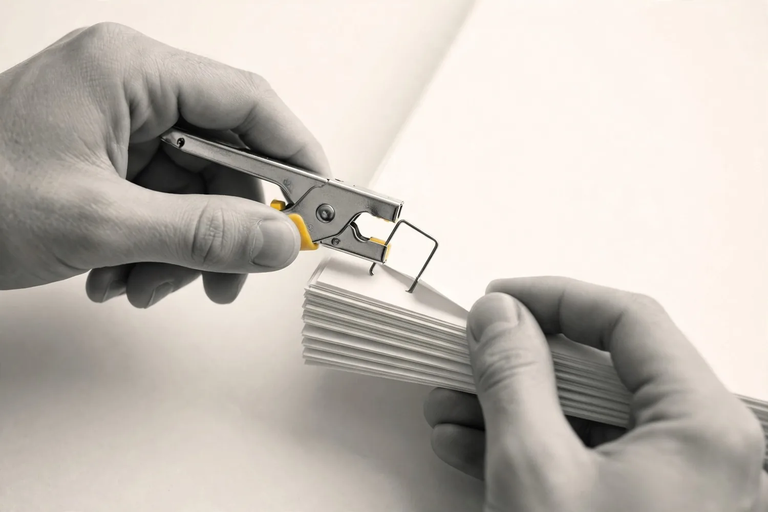 Hands removing a staple