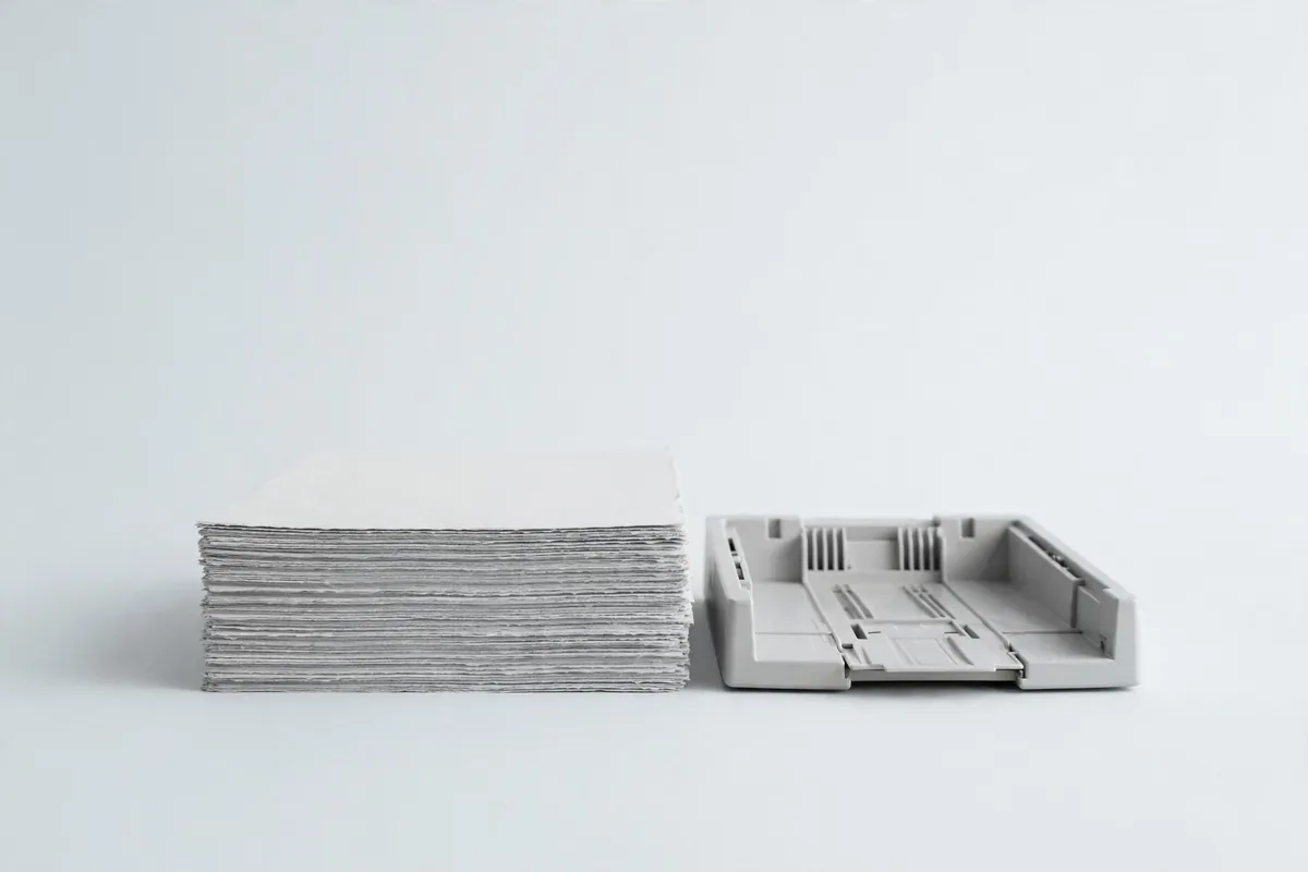 A stack of paper beside a scanner tray