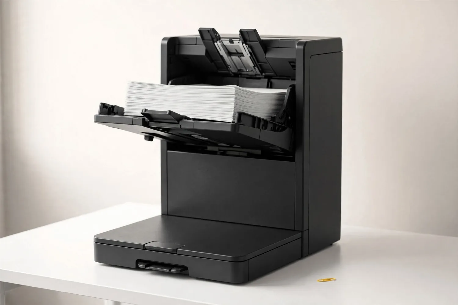 A document scanner with paper in its tray